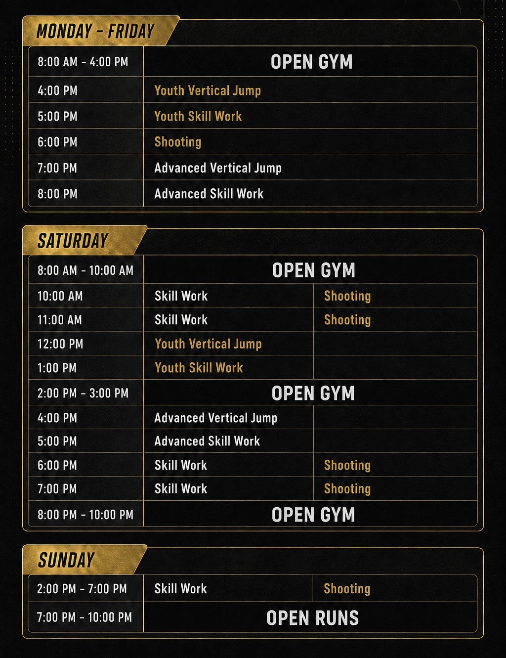 Weekday training schedule for August through May at The Champion's Factory